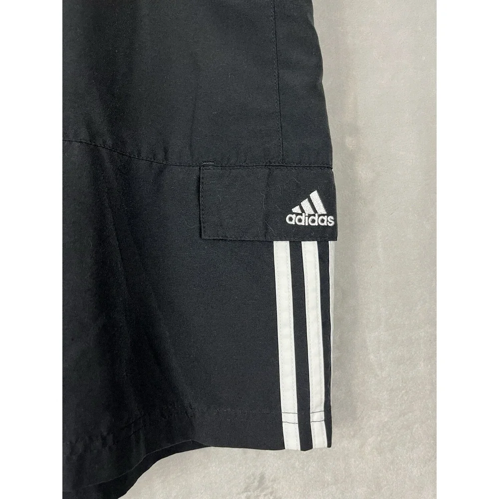 ADIDAS Men Short VTG XL Black Cargo Pocket 3 Stripe Drawstring Loose Outdoor Y2K